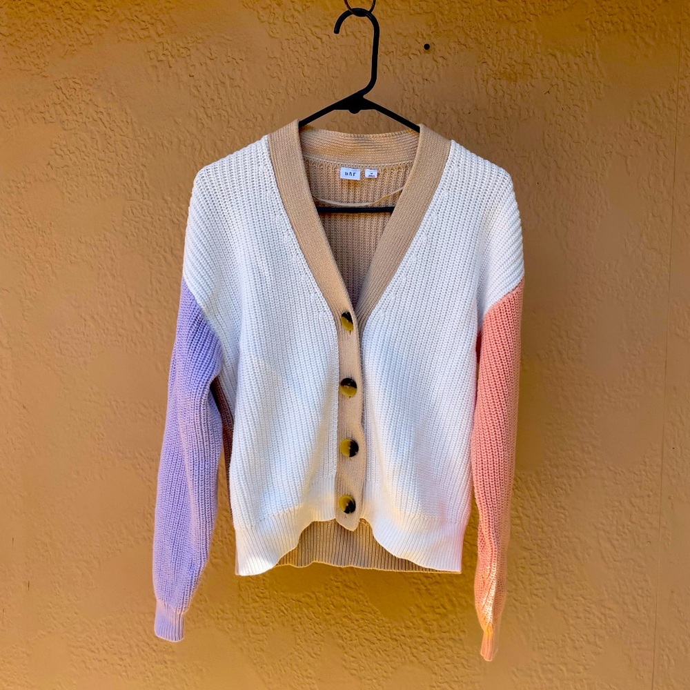 Colorblock V-Neck Button Cardigan Sweater - White with Lavender & Peach Sleeves